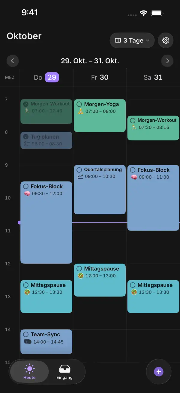 3-Tage-Ansicht von DayPlan mit farbigen Zeitblöcken von Donnerstag bis Samstag