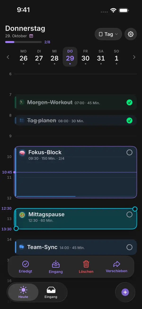 Gehaltener Block mit Griffen für Start und Ende und Leiste mit Erledigt, Eingang, Löschen und Verschieben
