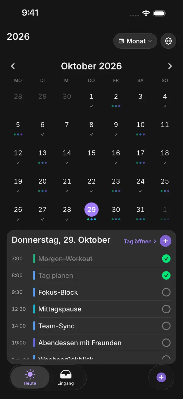 Monatskalender Oktober mit Markierungen und der Tagesliste für Donnerstag