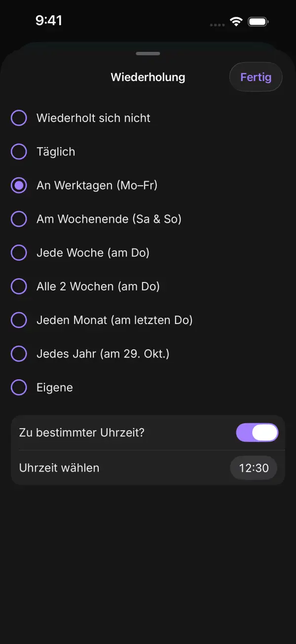 Auswahl der Wiederholung mit täglich, an Werktagen, wöchentlich, monatlich und jährlich
