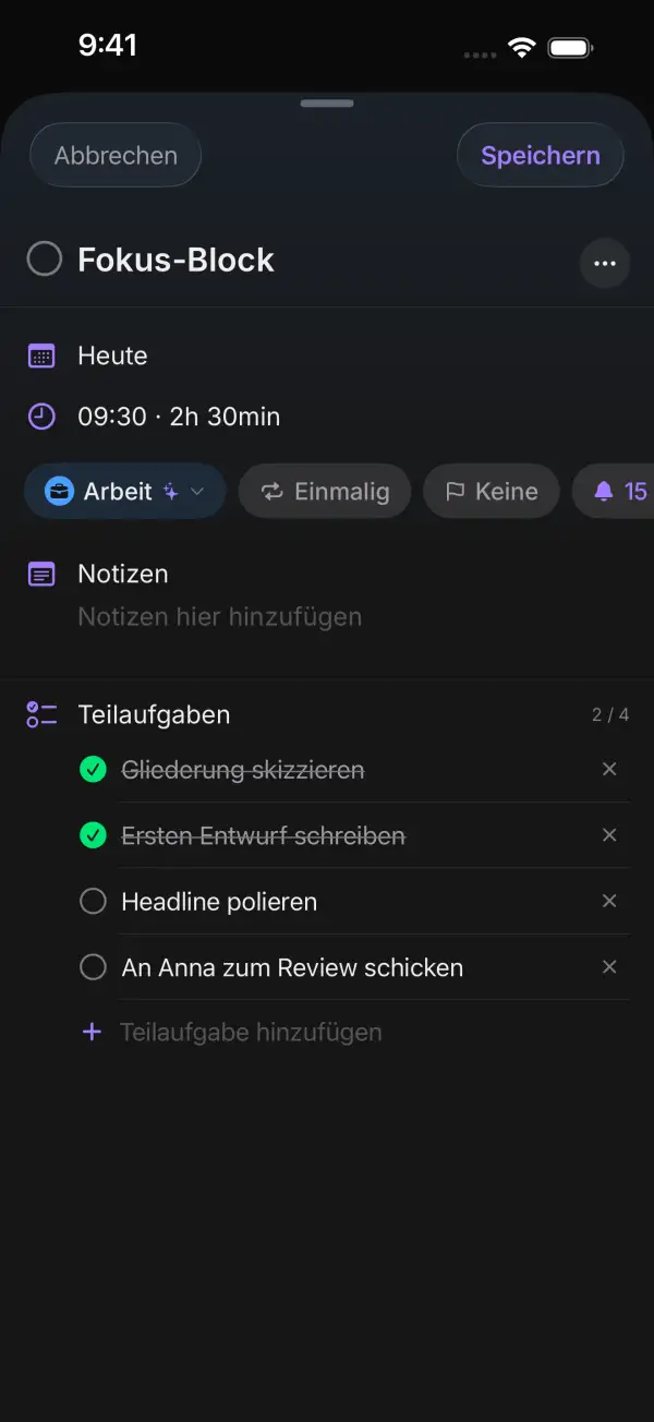 Aufgabe Fokus-Block mit Uhrzeit, Kategorie Arbeit und vier Teilaufgaben