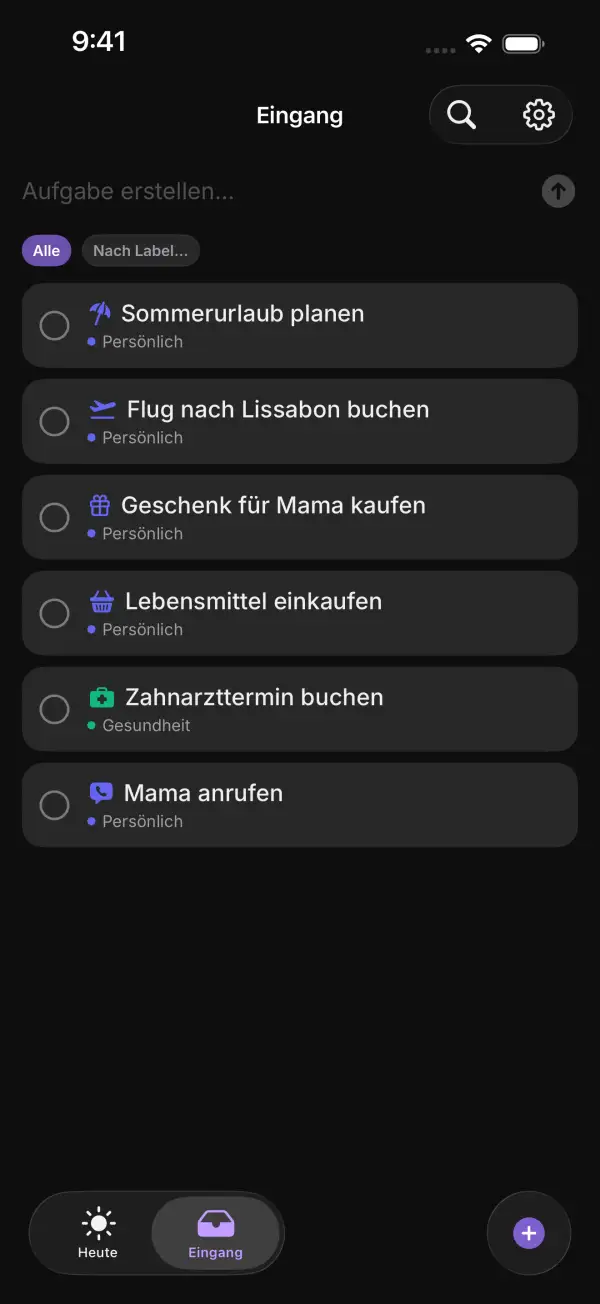 Eingang mit Aufgaben ohne Uhrzeit wie Sommerurlaub planen und Mama anrufen