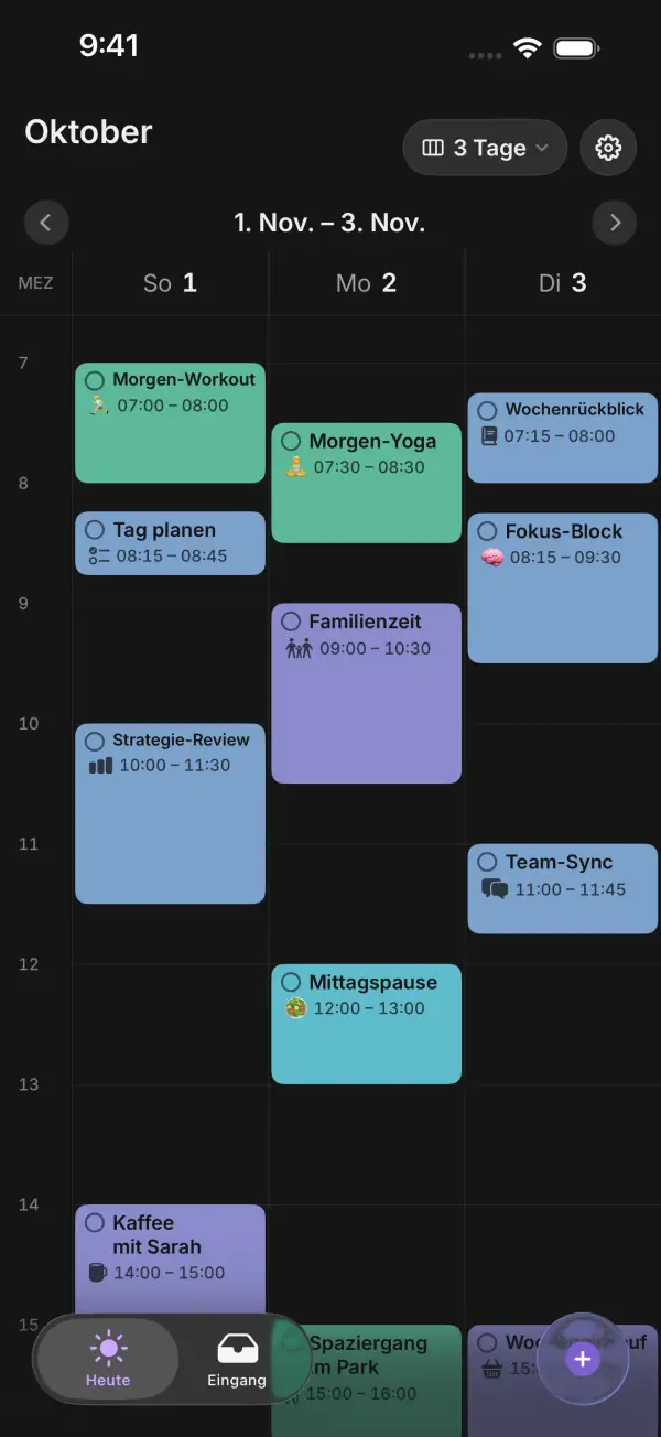 3-Tage-Ansicht 1. bis 3. November mit farbigen Zeitblöcken wie Morgen-Workout, Strategie-Review und Familienzeit