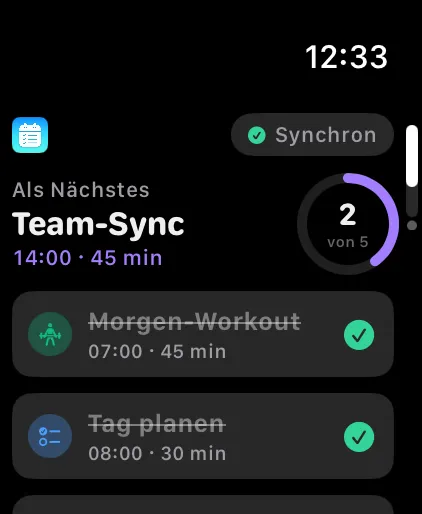 Apple Watch mit der nächsten Aufgabe und dem Tagesfortschritt in DayPlan