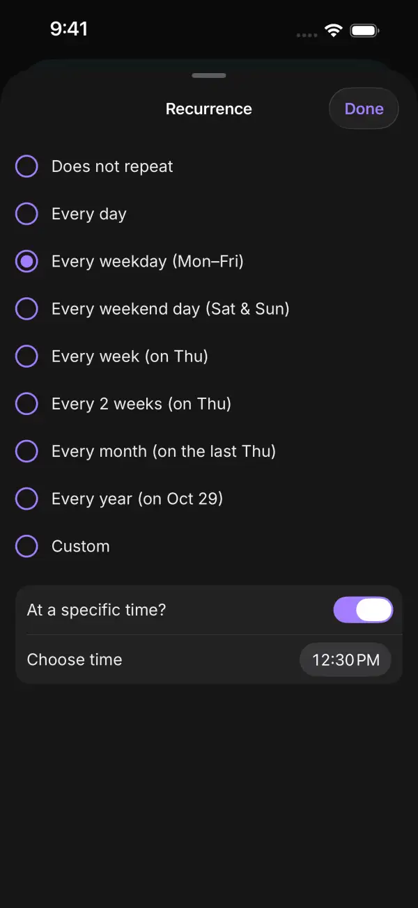 Recurrence options including every day, every weekday, weekly, monthly and yearly