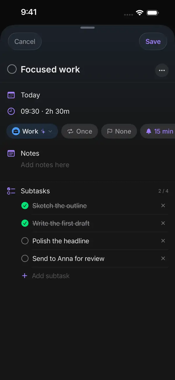 Task Focused work with time, Work category and four subtasks