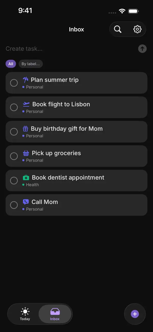 Inbox with tasks without a time such as Plan summer trip and Call Mom