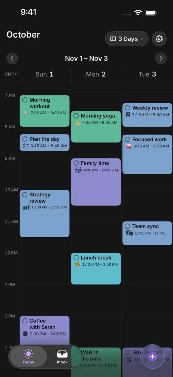 Three-day view from November 1 to 3 with colored time blocks such as morning workout, strategy review and family time